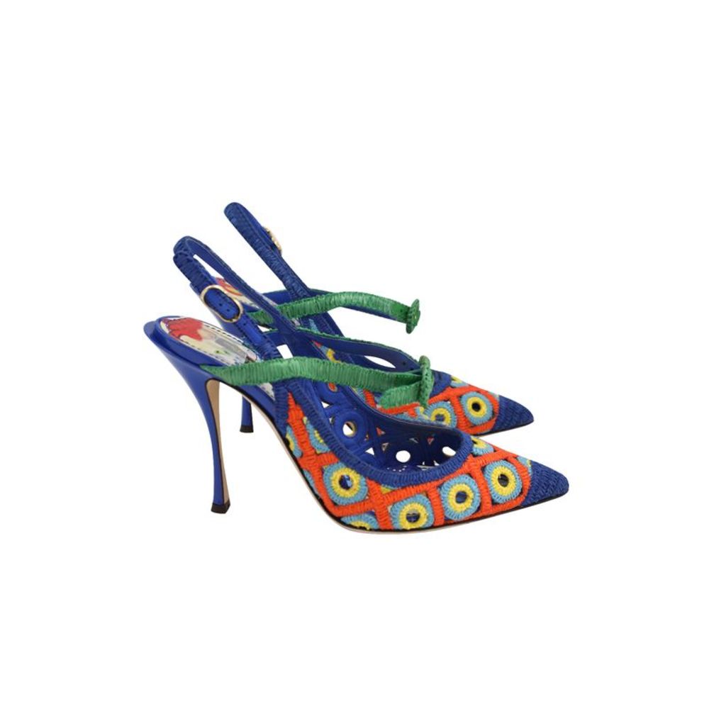 AUTHENTIC Dolce & Gabbana Crocheted Slingbacks in Multicolor Raffia and Leather